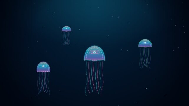 Glowing neon jellyfish swimming gracefully through deep dark blue ocean water creating mesmerizing bioluminescent patterns on transparent background