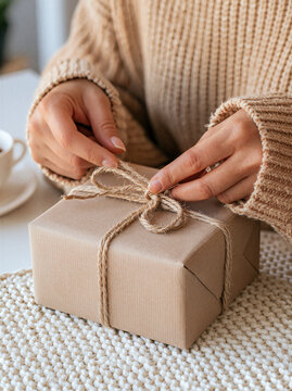 Close up of feminine hands tying twine around a kraft parcel