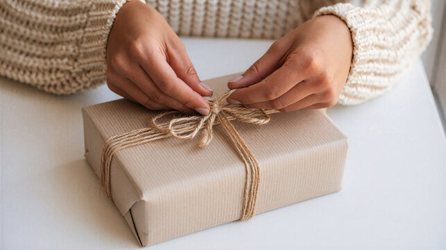 Close up of feminine hands tying twine around a kraft parcel