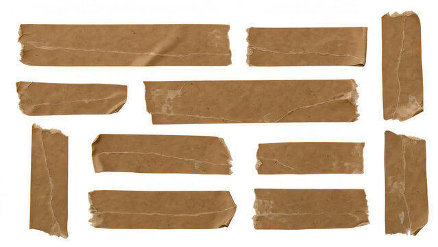 Brown kraft paper tape strips with creases and torn ends. Old wrinkled packing tape pieces with ripped fibers and scuffs, vintage parcel sticker elements isolated on transparent background, image