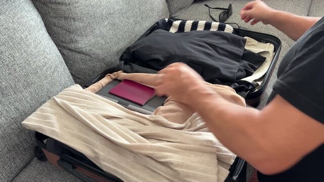 Hombre colocando accesorios dentro de la maleta para viajar en tren