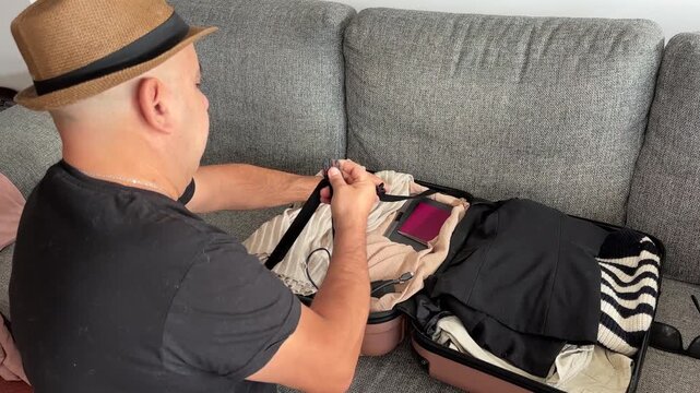Hombre cerrando la maleta sobre el sof&aacute; antes de viajar en tren