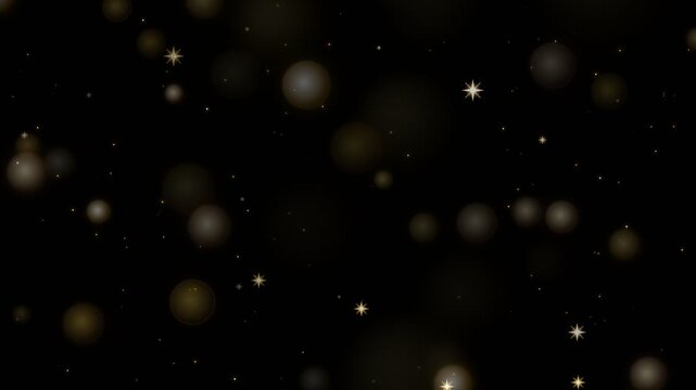 Sparkling golden stars and soft glowing bokeh particles floating upward slowly on transparent background