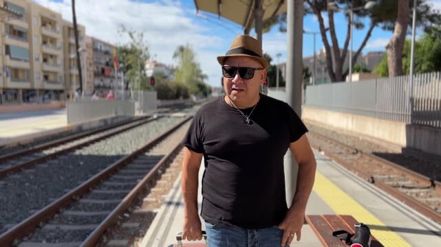 Hombre caminando por el and&eacute;n de la estaci&oacute;n de tren