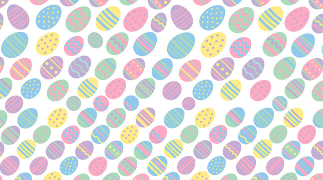 Seamless pattern of colorful Easter eggs with various designs on white background