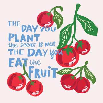 Inspirational Gardening Quote Vector Illustration with Fresh Red Cherries on Branch