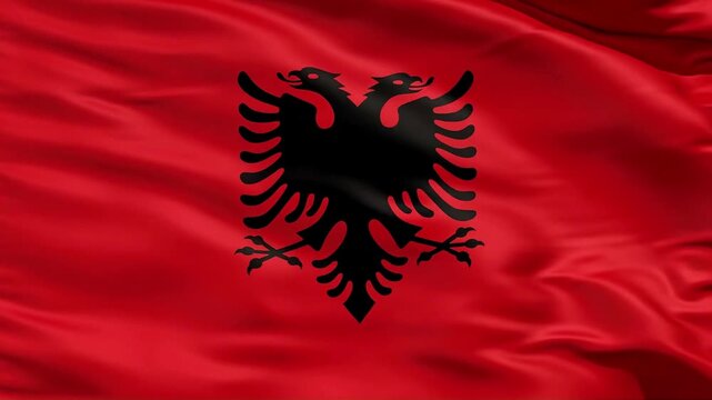 Realistic 3D animation of the Albanian national flag waving gently in the wind. Features a vivid red fabric background and the iconic black double-headed eagle emblem, with detailed textile texture.