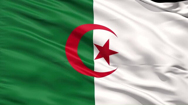 Photorealistic 3D animation of the Algerian national flag waving in a gentle breeze. Features green and white vertical halves with a red crescent and five-pointed star, realistic fabric folds.