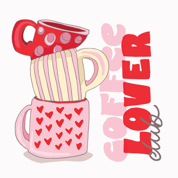 Coffee Lover Club Vector Illustration with Stack of Cute Cute Colorful Mugs and Creative Lettering
