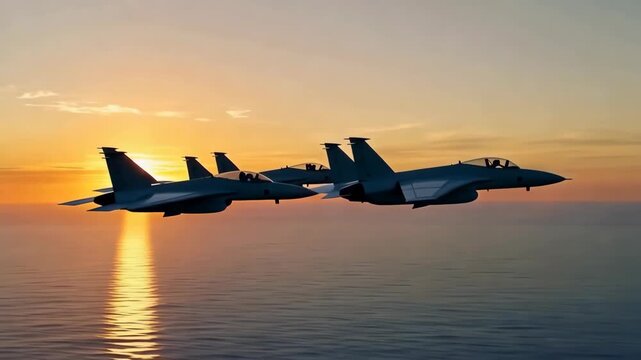 Fighter jets flying in close formation over calm ocean waters during golden sunset, silhouetted against glowing sky and reflecting sunlight, cinematic aerial military aircraft footage
