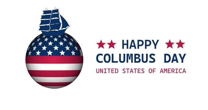 An American flag swirls beneath a historic sailing ship. A "Happy Columbus Day" greeting appears alongside the ship and the flag. Red stars frame the bold text of the greeting. Suitable for Columbus D