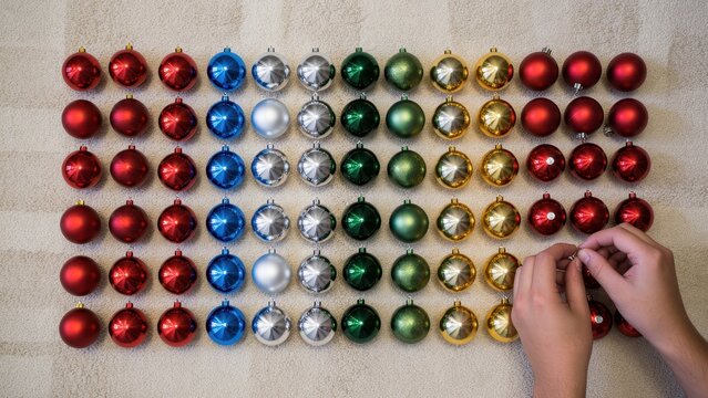 Christmas ornaments arranged in a festive geometric pattern on a textured beige surface with hands adjusting the last ornament