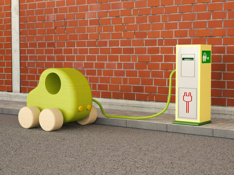 Electric Vehicle Charging Station, loading, wooden car