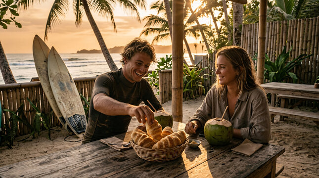 Surfing couple sharing fresh bread and coconut drinks at a tropical beach caf&eacute; during sunset