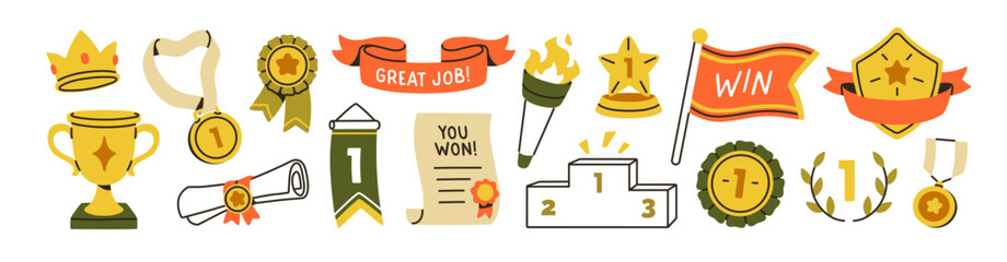 Naklejka premium Award stickers, vector medal, winner ribbon, banner, label set. Winner stickers, crown, gold medal, victory emblem. Champion reward, premium seal, quality certificate. Flat vector illustrations