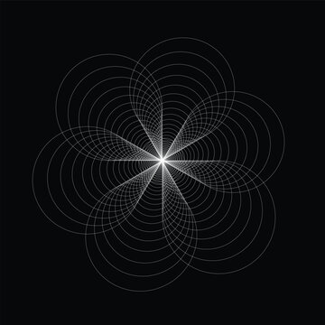 Elegant white geometric line art formed by overlapping concentric circles, creating a delicate multi-petal floral pattern with a radiant central focal point against a black background.