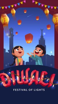 Diwali Festival of Lights Celebration with Glowing Sky Lanterns and Indian City Skyline, Festive 4K Motion Graphic Animation
