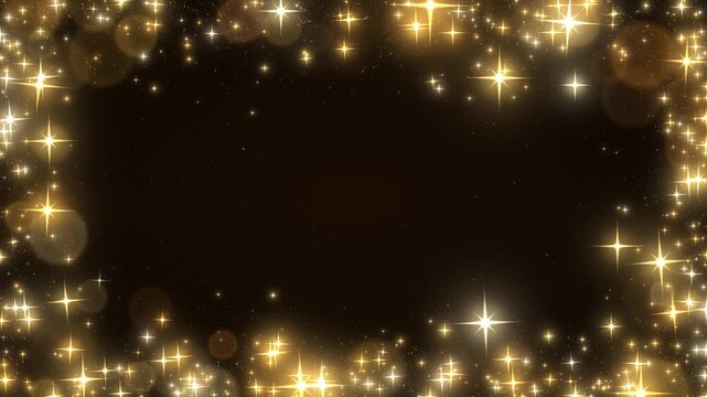 Rectangular golden glitter frame sparkling on a black background. Bright particles and star-shaped highlights trace a luminous border around an empty center for greetings or event titles.