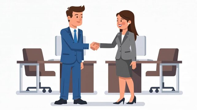 Flat vector illustration of a businessman and businesswoman shaking hands in an office after closing a successful business deal, and professional collaboration, 4K video