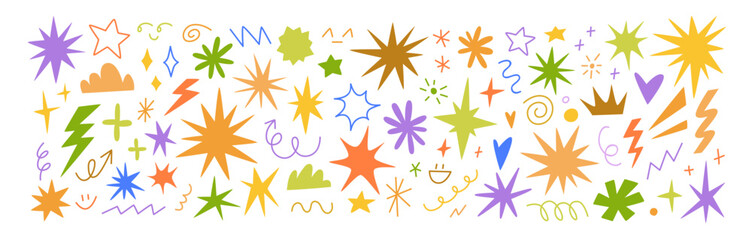 Obraz na płótnie Canvas Star shapes, sparks in color, vector doodles, graphic illustration. Doodle kids design elements, stickers. Irregular stars, cute spark and sparkle shapes. Colourful flat vector illustrations set