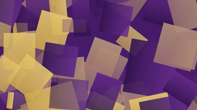 ディープパープルとゴールドの四角形が画面全体に重なり個別に移動と回転を繰り返すループ動画。Web広告や配信背景に映える幾何学のシネマティック素材