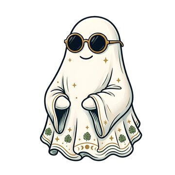 A charming and trendy modern Halloween illustration of a cute traditional white sheet ghost wearing stylish retro black sunglasses with gold rims.