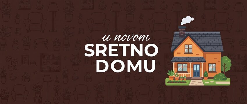 New home greeting card vector illustration with cozy house cottage, garden plants, brown interior pattern, and Balkan Bosnian Croatian Serbian text sretno u novom domu for housewarming banner.