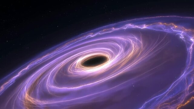 Black hole accretion disk spirals through deep space around an event horizon. Astronomy education, astrophysics presentations, and science documentaries.