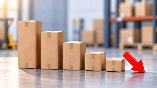 Descending cardboard boxes in warehouse with downward red arrow representing supply chain disruption, inventory decline, logistics failure, and ecommerce shipping crisis, 3d render.