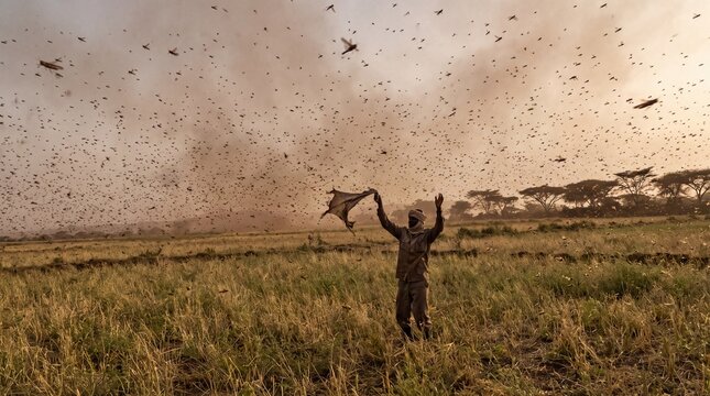 Massive Desert Locust Swarm Darkening Sky Over Farm Fields