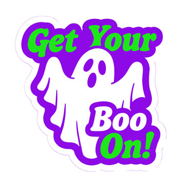 Cute Cartoon Ghost Character with Spooky Halloween Text Get Your Boo On in Purple and Green Colors for Holiday Sticker Design or Festive Celebration