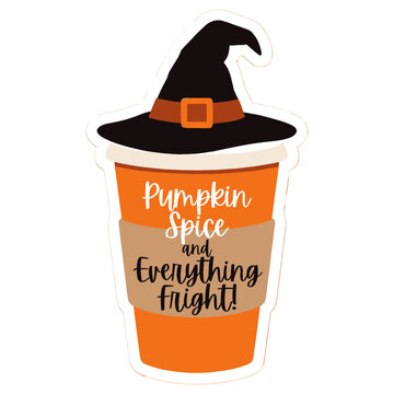 Halloween themed orange coffee cup topped with a black witch hat and seasonal pumpkin spice text sticker design on white background