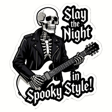 Skeleton Rock Musician Playing Electric Guitar Wearing Black Leather Jacket with Spooky Text Slay the Night in Spooky Style Sticker Graphic Illustration