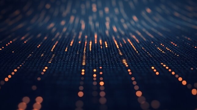 Abstract digital background with glowing binary code streams of ones and zeros representing data flow and technology