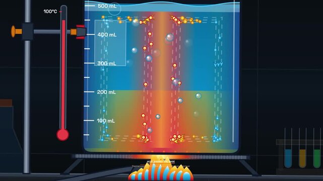 Detailed educational animation demonstrating the continuous convective mass cycle of boiling water in a laboratory beaker with heat transfer and fluid dynamics concepts