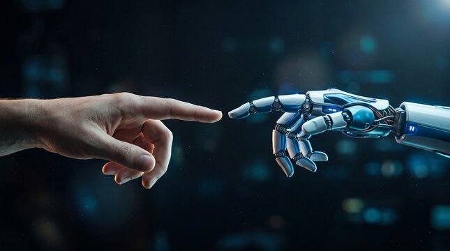 Human finger touching a robotic hand, representing the connection between artificial intelligence and human technology