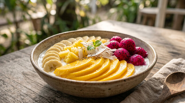Healthy tropical fruit breakfast bowl with mango, banana, dragon fruit, pineapple, coconut, chia, and mint