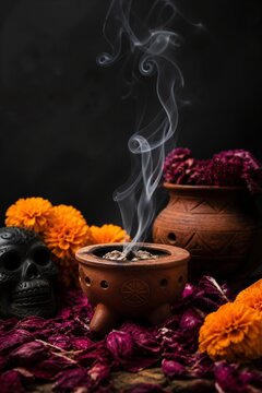 Copal incense curling smoke in traditional pot surrounded by vibrant flowers and decorative skull. Copal incense creates an aromatic atmosphere enhancing ritual settings.