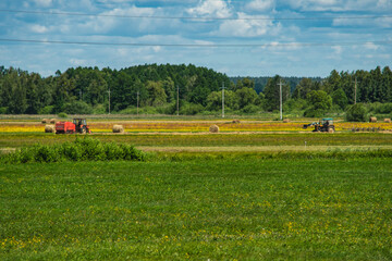 work in the meadow involving hay harvesting using agricultural machinery © michal812