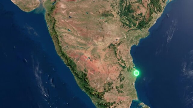 衛星視点の南インド上空で光子がムンバイからチェンナイへ移動するCG背景