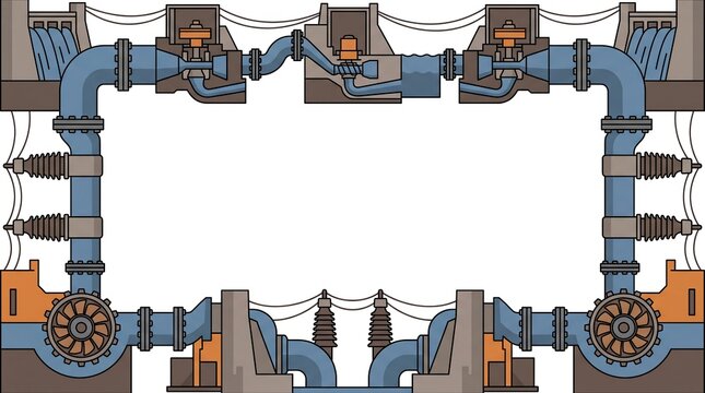 Hydroelectric power plant vector frame border with turbines and pipes