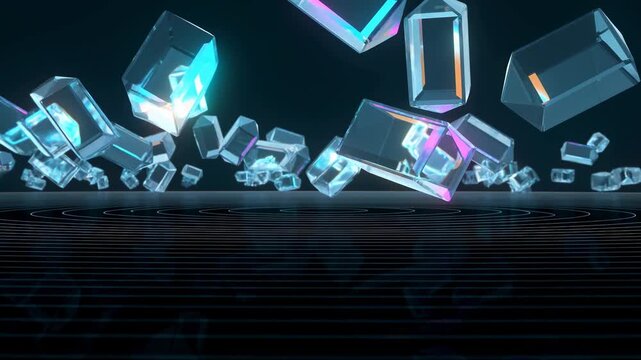 Floating crystal blocks rotate in a neon futuristic digital space. Technology presentation, digital product promotion, and futuristic title sequence.