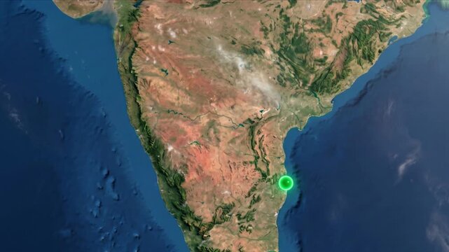 衛星視点の南インド上空で光子がムンバイからチェンナイへ移動するCG背景