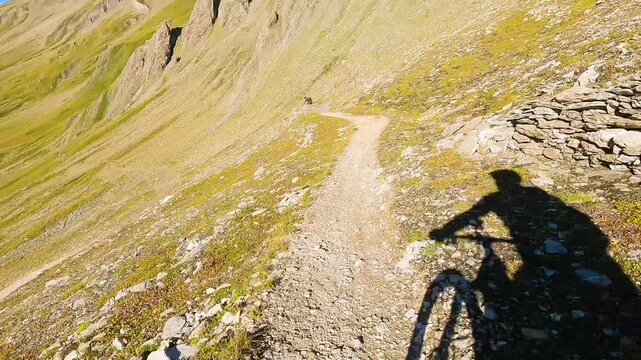 Downhill mountain biking on singletrack in the South Tyrolean Alps