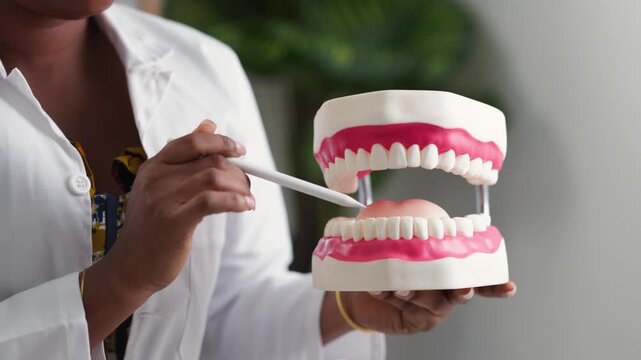 Oral hygiene, African female dentist showing proper brushing technique on a dental model