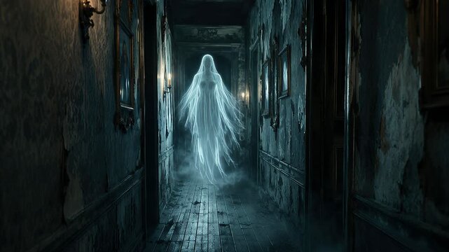 Ghost apparition drifting through a decaying hallway. Halloween horror and supernatural haunting. Paranormal activity in a haunted house. Spooky seasonal concept.