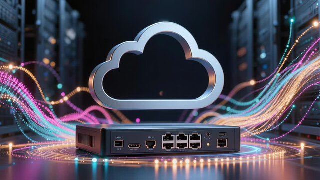Cloud Networking Router, Switch, and Gateway with Colorful Data Streams in Server Room