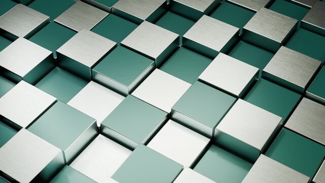 ペトロールと氷銀の斜めに並ぶ四角形プレートが前後に動くループ動画。企業広告や製品紹介の背景に映える金属質感のシネマティック素材