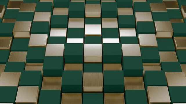 深緑とブロンズの対称に並ぶ四角形タイルが前後に動くループ動画。企業広告や製品紹介の背景に映える金属質感のシネマティック素材