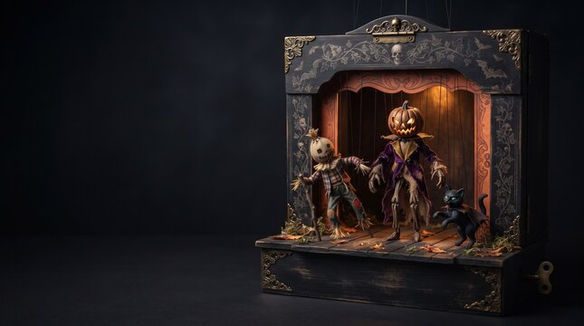 Handcrafted Halloween Miniature Puppet Theatre with Pumpkin King and Black Cat